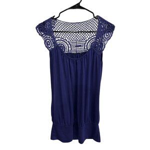 Womens Purple Intricate Crochet Yoke Lightweight Sleeveless Blouse Boho Delicate